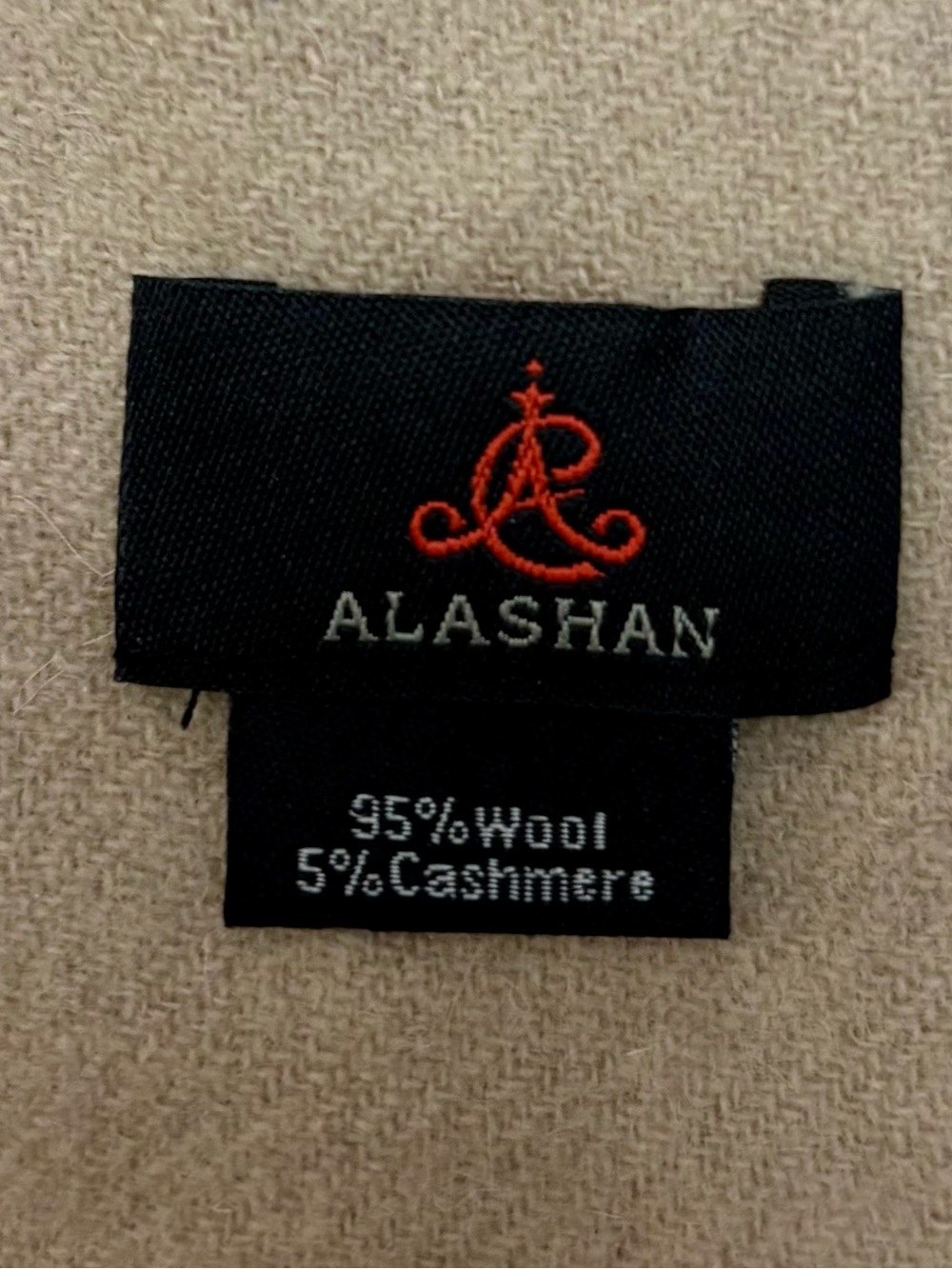 Alashan Tan Wool Cashmere Blend Unisex Fringed Scarf, 12 1/4” x 32-36”